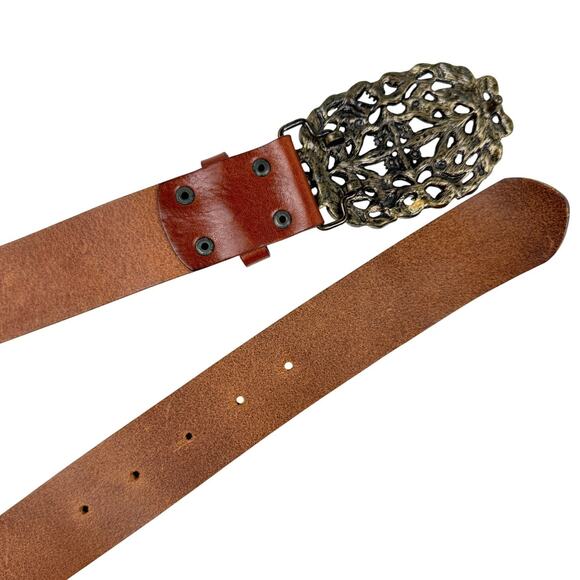 CAbi Floral Filigree Statement Buckle Leather Belt Tan Brown Size M Boho Western